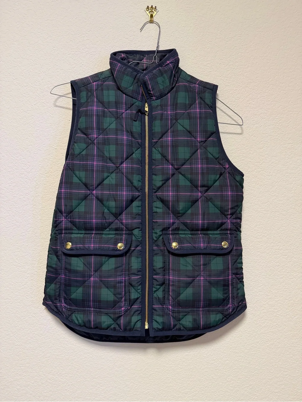 J. Crew Quilted Plaid Vest in Green and Purple
